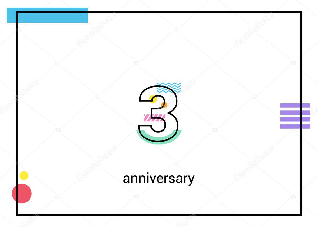 3 Anniversary simple black line with memphis ornaments isolated on white background