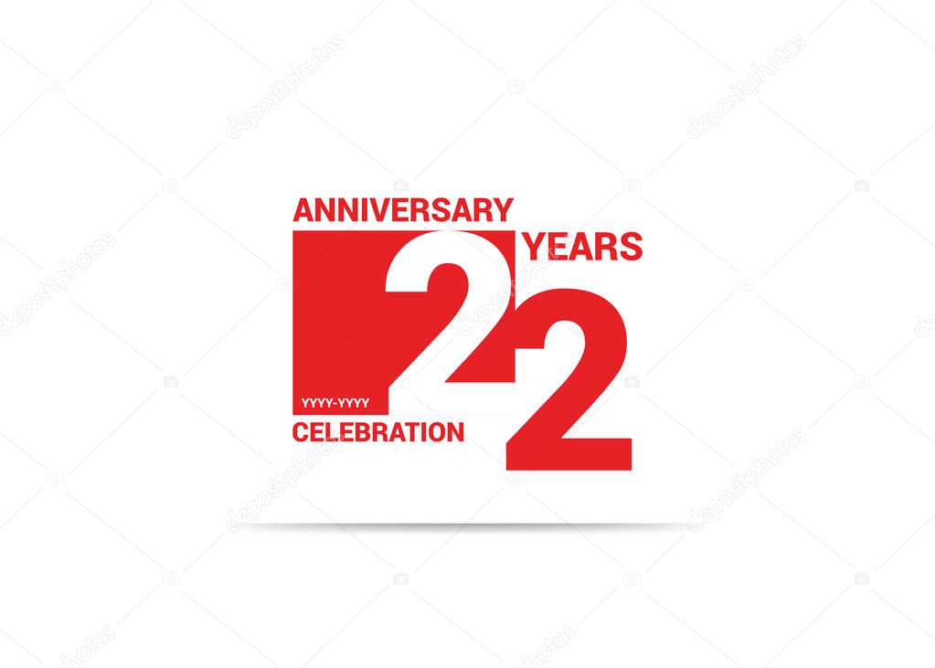 twenty two years anniversary red sign in square on white background, vector illustration 