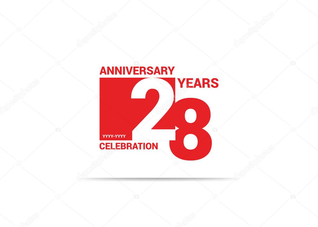 twenty eight years anniversary red sign in square on white background, vector illustration 