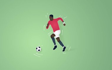 yeşil arka planda, vektör çizim topu ile çalışan futbolcu