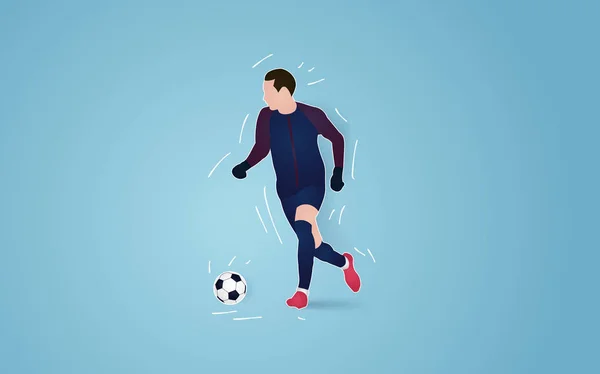 Jogador Futebol Correndo Com Bola Fundo Azul Ilustração Vetorial — Vetor de Stock
