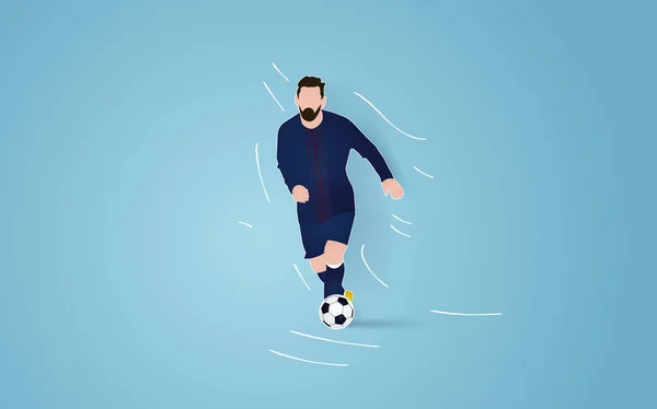 Joueur Football Cours Exécution Avec Ballon Sur Fond Bleu Illustration — Image vectorielle