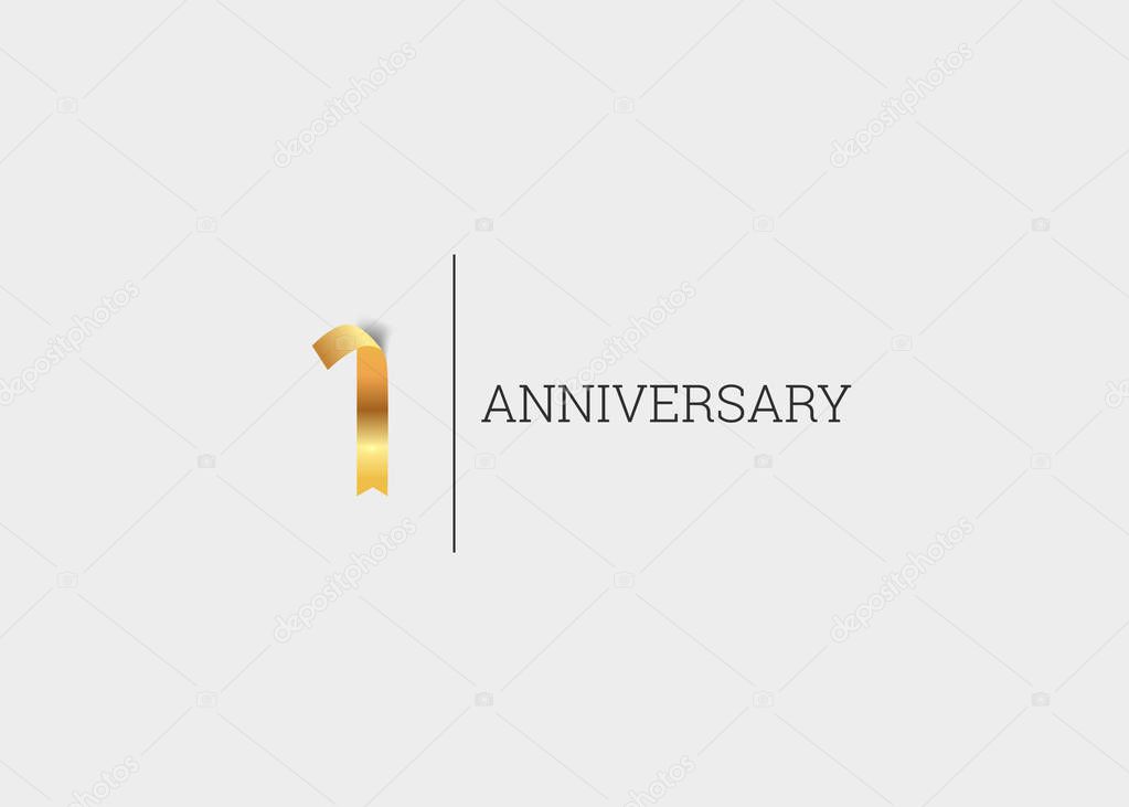 1 Year Anniversary Golden ribbon isolated on white background, vector illustration