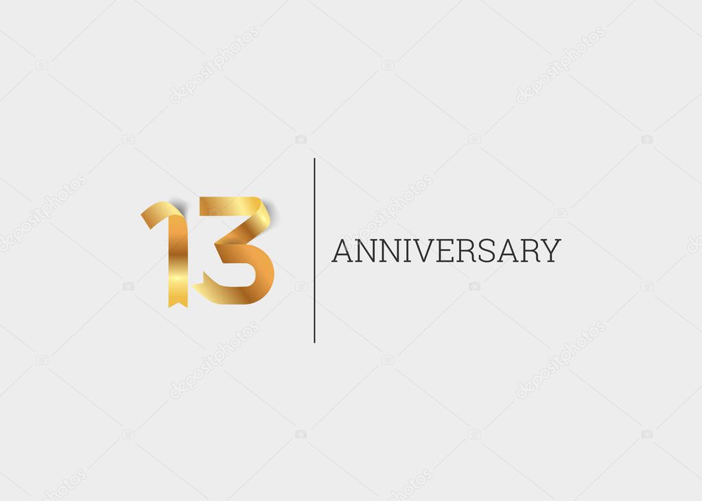 13 Years Anniversary Golden ribbon isolated on white background, vector illustration