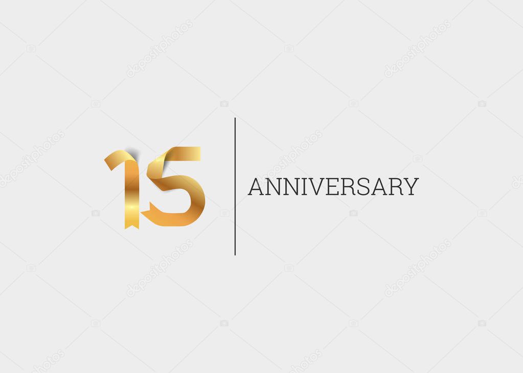 15 Years Anniversary Golden ribbon isolated on white background, vector illustration