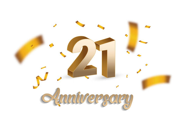 21 anniversary golden sign and confetti on white background, vector illustration  