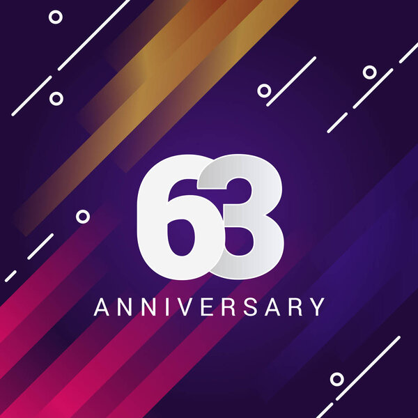 Знак 63-летия на фиолетовом фоне с оранжевыми и розовыми полосками, векторная иллюстрация
  