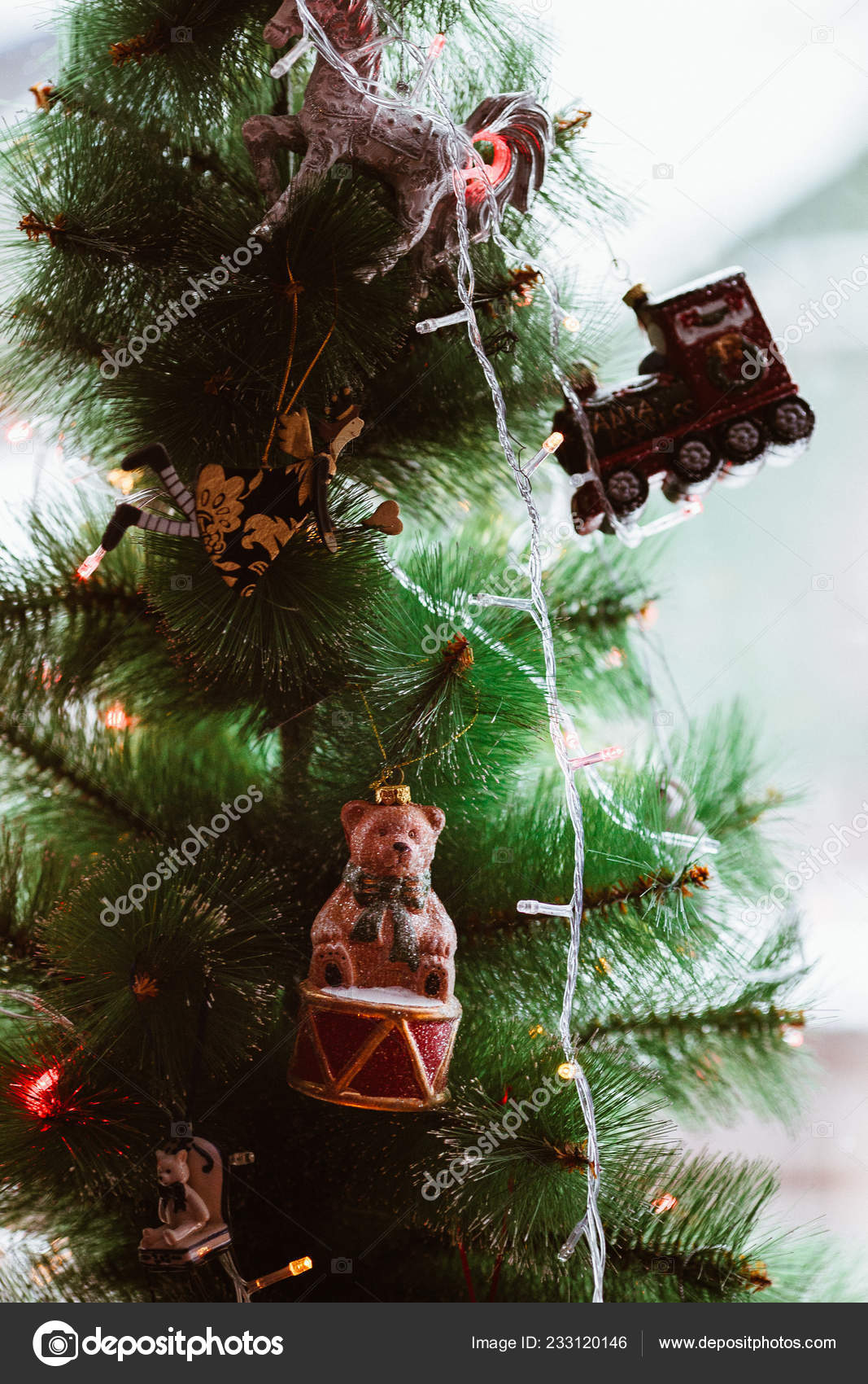 Christmas Tree Decorated With Vintage Toys Close Up Fairy Bear