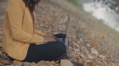 Şehir Parkı içinde laptop üzerinde çalışan kadın