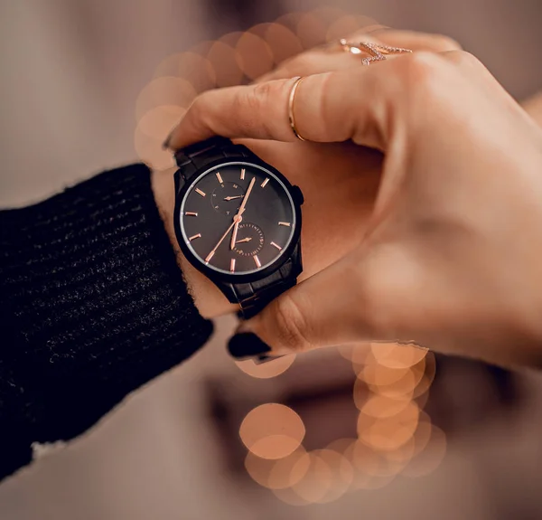 Stylish watch on woman hand