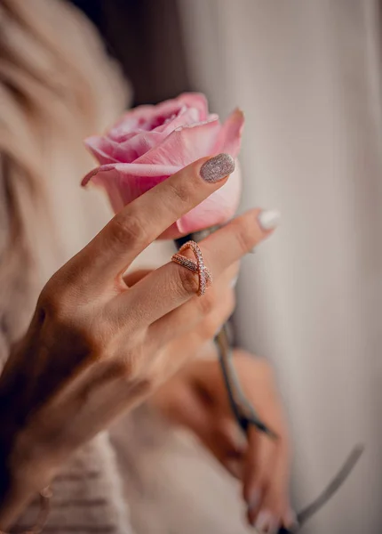 Pink Rose Female Hands — Stock Photo, Image