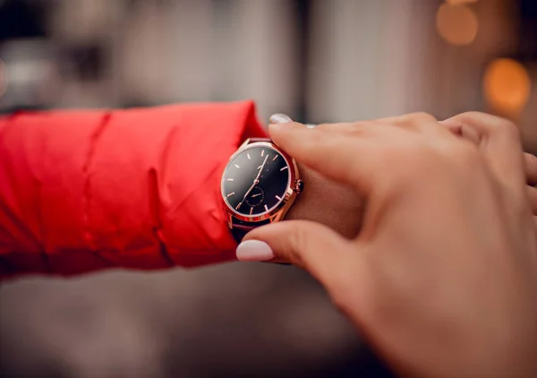 Stylish watch on woman hand