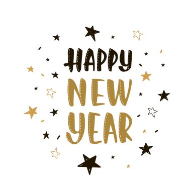 Yeni yıl Noel kaligrafi fırçası doodle tarzı yazı. Tatil etiket. Beyaz arka planda siyah ve sarı illüstrasyon