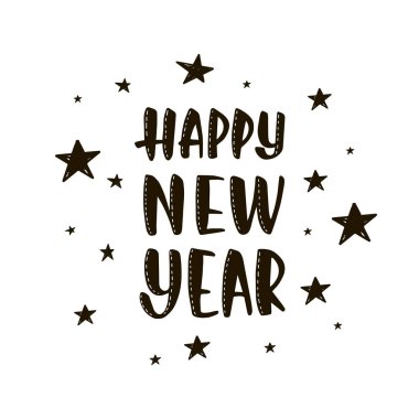 Yeni yıl Noel kaligrafi fırçası doodle tarzı yazı. Tatil etiket. Yıldız beyaz arka planda siyah illüstrasyon