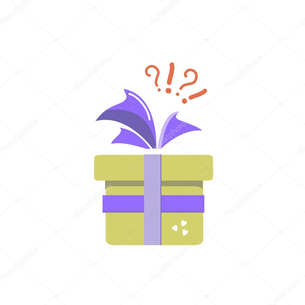 Gift icon, surprise, yellow gift box with question mark and exclamation