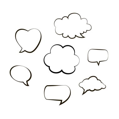 El çizilmiş düşünme ve konuşma baloncukları mesajı koleksiyonu. Doodle tarzı siyah çizgi roman balonu, bulut, kalp şeklinde tasarım elemanları. İzole vektör. Beyaz arka planda çizgi kabarcıkları