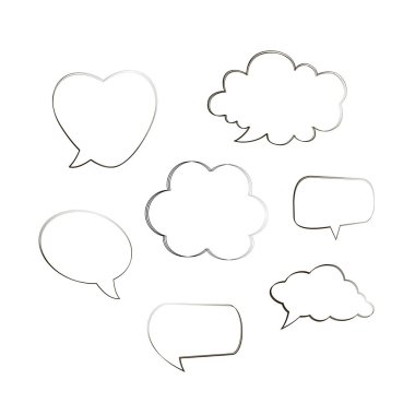 El çizilmiş düşünme ve konuşma baloncukları mesajı, selamlama ve satış reklamı koleksiyonu. Doodle tarzı siyah çizgi roman balonu, bulut, kalp şeklinde tasarım elemanları. Yalıtılmış vektör