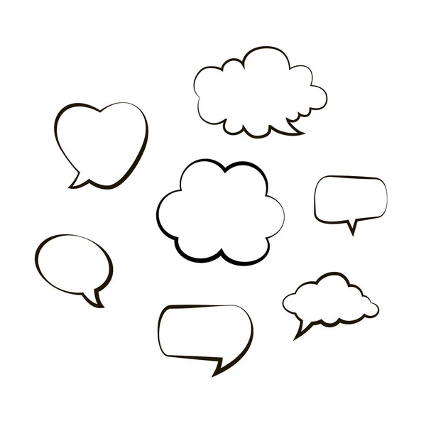 El çizilmiş düşünme ve konuşma baloncukları mesajı koleksiyonu. Doodle tarzı siyah çizgi roman balonu, bulut, kalp şeklinde tasarım elemanları. İzole vektör. Beyaz arka planda çizgi kabarcıkları