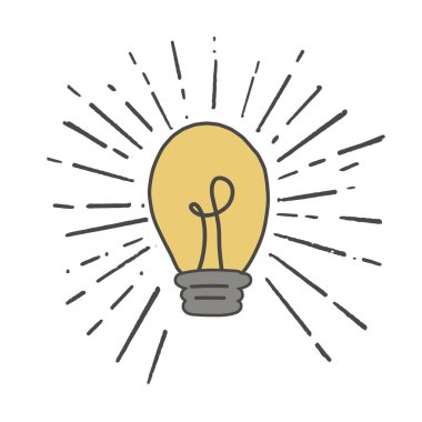 Doodle tarzında sarı ampul. El çizimi. Vektör