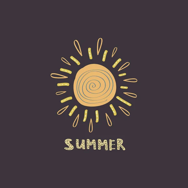 Illustration du soleil jaune dans le style doodle avec lettrage. Illustration vectorielle plate sur fond noir — Image vectorielle