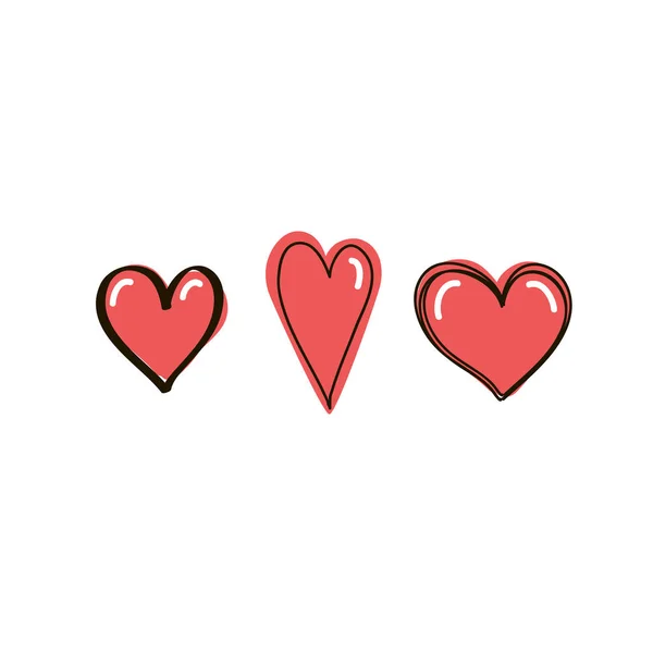 Conjunto de corazones rojos al estilo garabato. Vector dibujado a mano Ilustración — Vector de stock