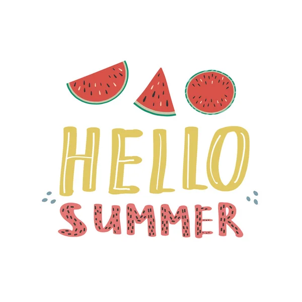 Karpuz çizimleri ile yazı. Doodle tarzında İllüstrasyon. Vektör el ile çizim. Merhaba yaz.
