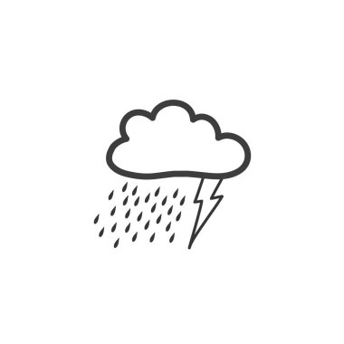 Gök gürültülü sağanak ve şimşek yağmuru. Havanın sembolü. Doodle tarzında elle vektör çizimi.