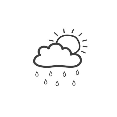 Yağmur ve güneşle bulut çiziyor. Yağmurlu havanın sembolü. Doodle tarzında vektör el çizimi