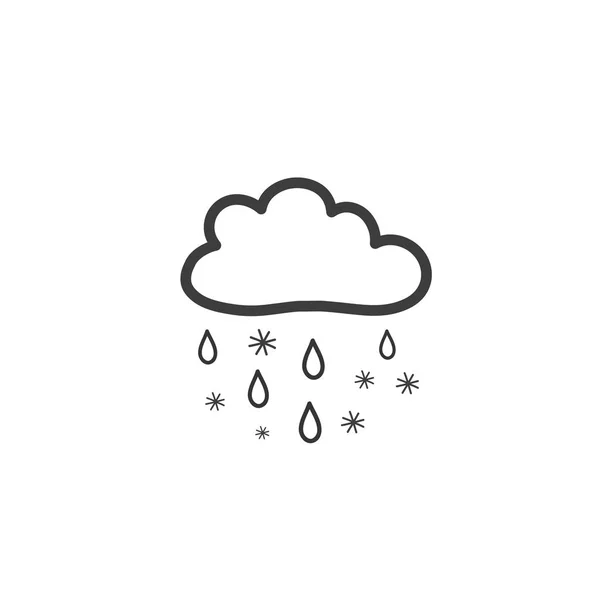 Nube de dibujo con lluvia y nieve. Símbolo del tiempo. Ilustración dibujada a mano vectorial en estilo doodle — Archivo Imágenes Vectoriales