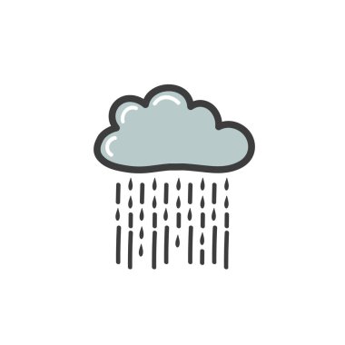 Şiddetli yağmur ile gri bulut renkli resim. hava sembolü. Doodle tarzında elle vektör çizimi