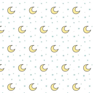 Beyaz bir arka plan üzerinde sarı ayve mavi yıldız ile çocuk desen. Doodle tarzında vektör süsü