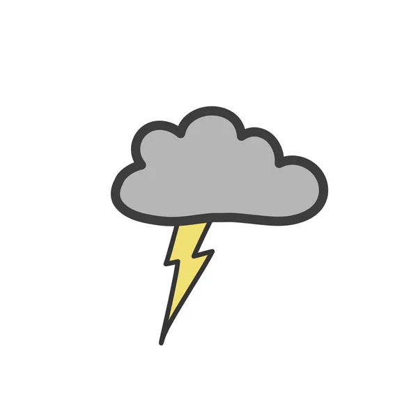 Gray cloud with thunderstorms and lightning. Symbol of the weather. Color illustration of doodle style.