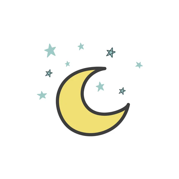 Um desenho de uma lua amarela com estrelas de estilo doodle. ilustração vetorial. Desenho desenhado à mão . —  Vetores de Stock