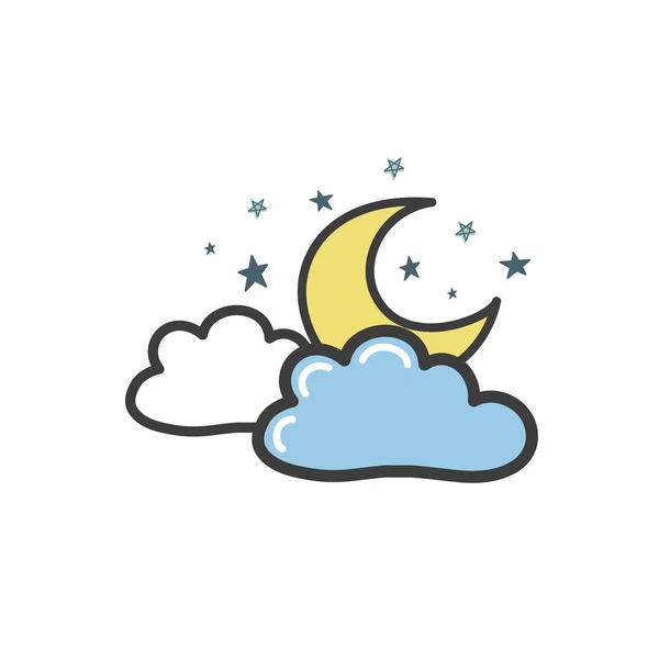 Kresba žlutého měsíce s mraky a hvězdami. Vektorová ilustrace ve stylu Doodle. Kreslené ilustrace. — Stockový vektor