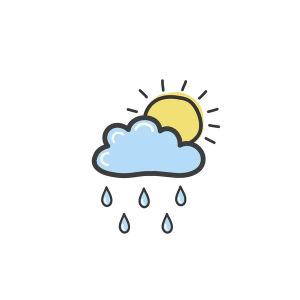 Drawing blue clouds with rain and sun. Symbol of weather. Vector hand drawn illustration in the doodle style — Stock Vector