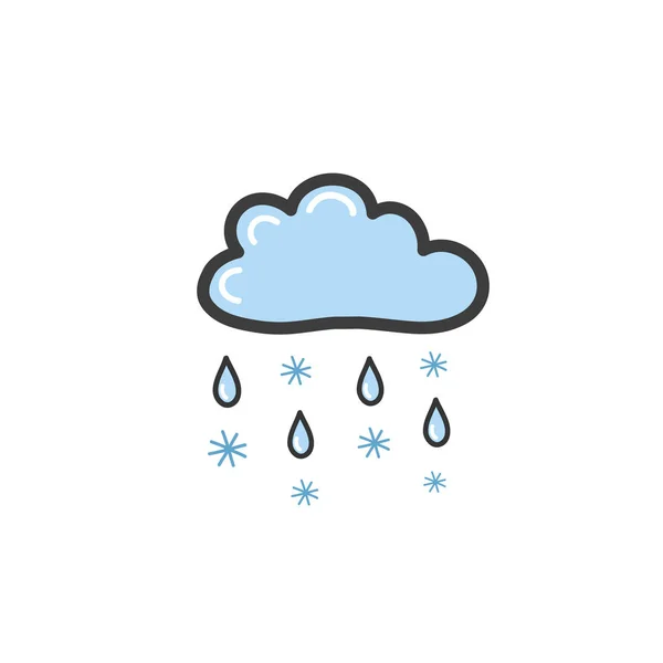 Drawing blue clouds with rain and snowflakes in the style of a doodle. Symbol of rainy weather. Vector drawing by hand. — Stock Vector