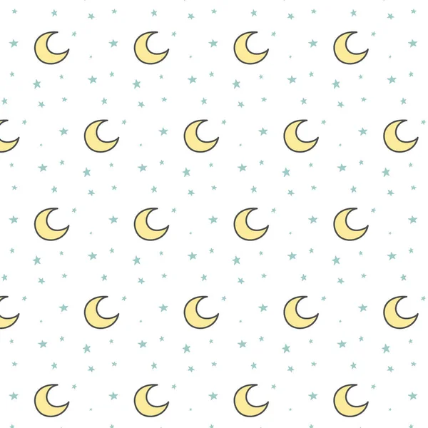 Patrón infantil con lunas amarillas y estrellas azules sobre fondo blanco. Adorno vectorial en el estilo de garabato — Vector de stock