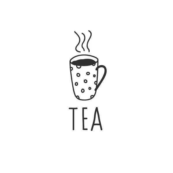 Dessin vectoriel de tasse de thé dans le style d'un gribouillage. Illustration dessinée à la main en noir et blanc avec une inscription . — Image vectorielle