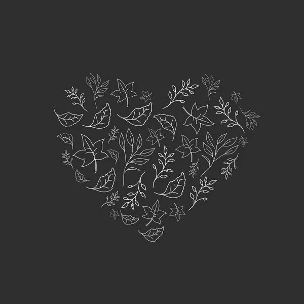 O coração das folhas. Desenho vetorial no estilo de doodle. Design de moldura de outono — Vetor de Stock