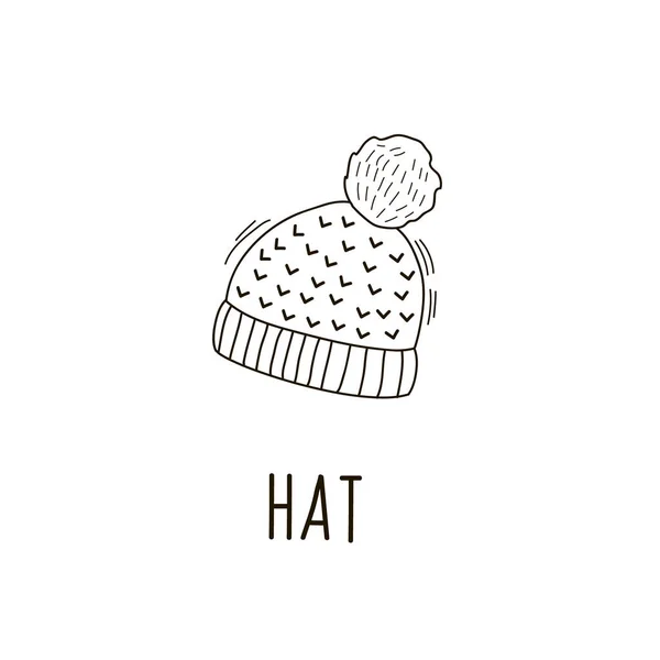 Modèle vectoriel de chapeau d'automne chaud dans le style de doodle. Illustration linéaire à la main. Chapeau tricoté — Image vectorielle