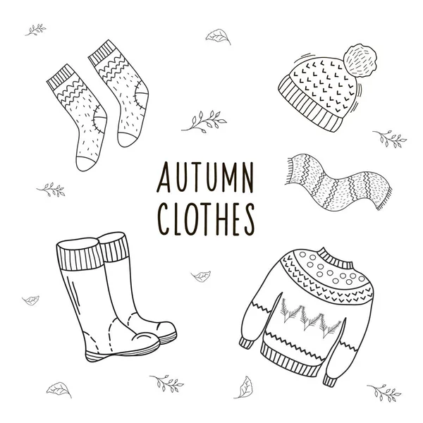 Ensemble de dessins de vêtements d'automne. Illustration à la main dans le style de doodle. Illusion linéaire — Image vectorielle