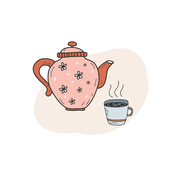 Desenho vetorial de uma chaleira e uma xícara. Hora do chá. Desenho desenhado à mão — Vetor de Stock