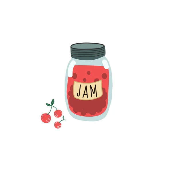 Vector pattern of jam jars with cherries. Illustration of sweet food in the style of doodle. Hand-drawn drawing
