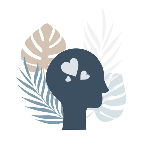 Vektorová ilustrace s hlavou a srdcem. Obrázek palmové listy s siluetou hlavy. Styl Doodle — Stockový vektor