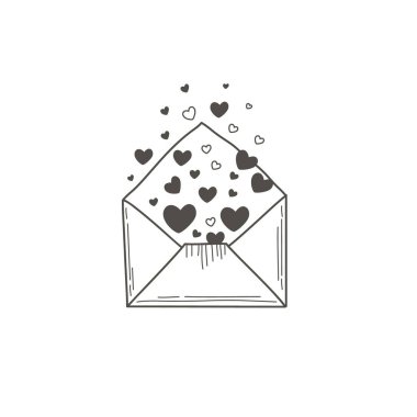 Kalpleri olan açık bir mektup. Vektör çizimi elle. Doodle tarzında doğrusal çizim