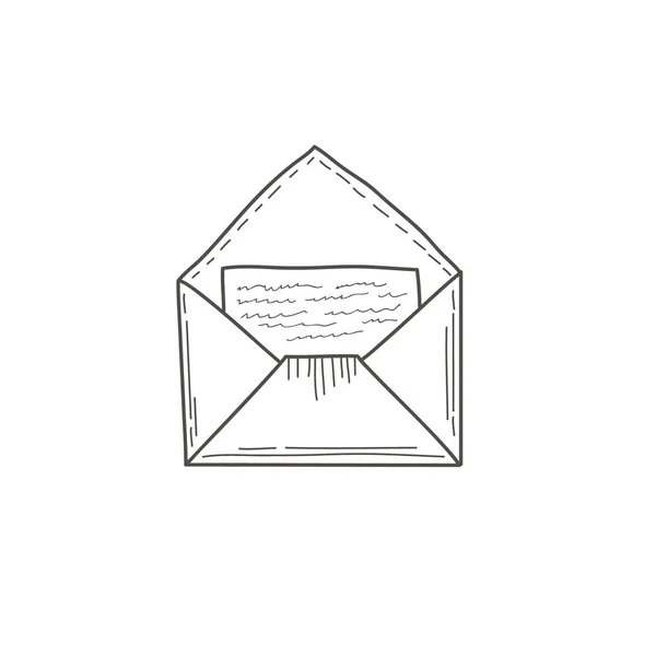 Een open envelop met een letter. Vector illustratie met de hand in de stijl van doodle. Lineaire schets — Stockvector