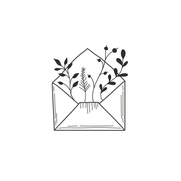 Enveloppe ouverte avec des plantes. Illustration vectorielle à main levée dans le style doodle. Croquis linéaire — Image vectorielle