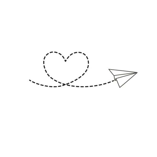 Noktalı çizgi kalpli kağıt düzlem. Vektör doğrusal illüstrasyon elle. Doodle çizimi,