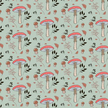 Orman mantarlı vektör deseni, mantar mantarı, bitki, yaprak. Yeşil arka plan. Elle yapılan botanik çizimi