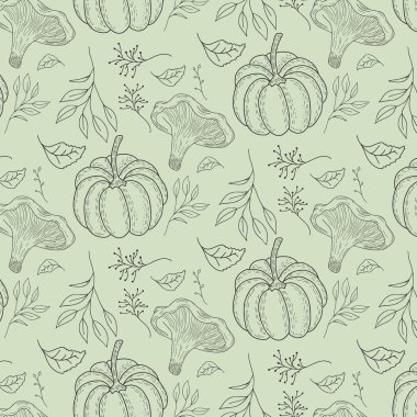 Mantarlı mantar, balkabağı, yaprak ve böğürtlenli sonbahar deseni. Yeşil arka plan. Vektör orman oymacılığı süsü